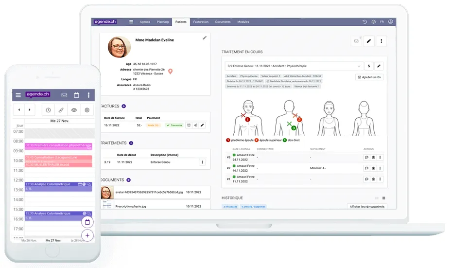 Interface du logiciel phyzio.ch pour physiothérapeutes en Suisse - agenda en ligne, dossier patient et facturation LAMal et LAA.